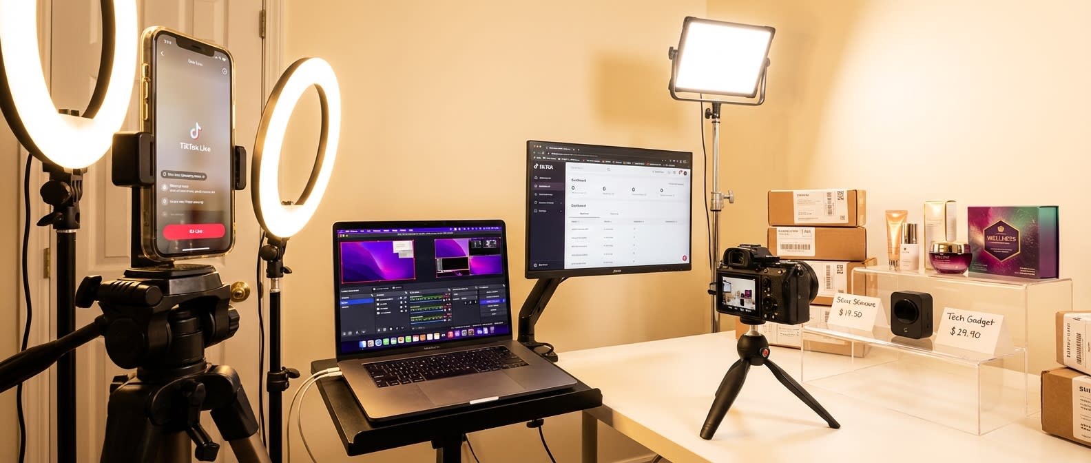 Professional TikTok Shop live shopping studio setup with OBS multi-camera ring light and product display