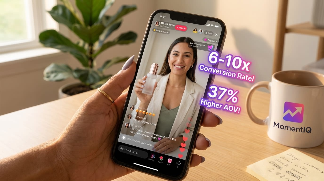 Smartphone showing TikTok Shop live stream with animated '6-10x Conversion Rate' and '37% Higher AOV' data overlays