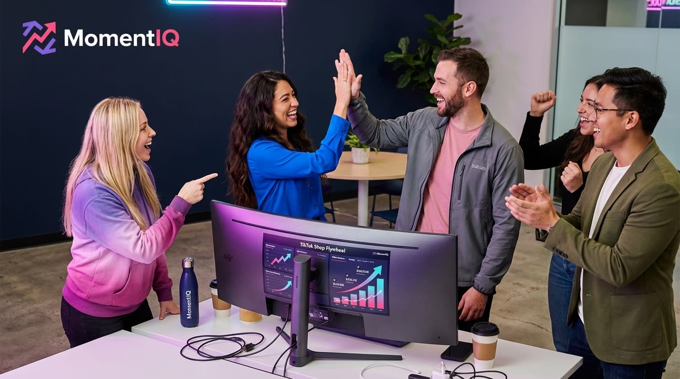 Team high-fiving around MomentIQ dashboard showing TikTok Shop flywheel growth