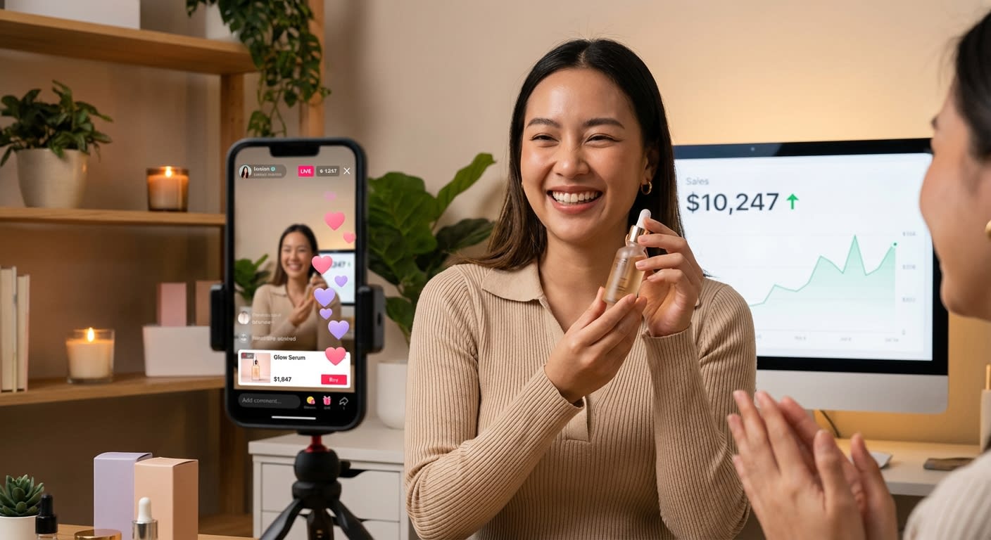 TikTok Shop live stream host celebrating $10K revenue milestone with product pin and heart emoji reactions