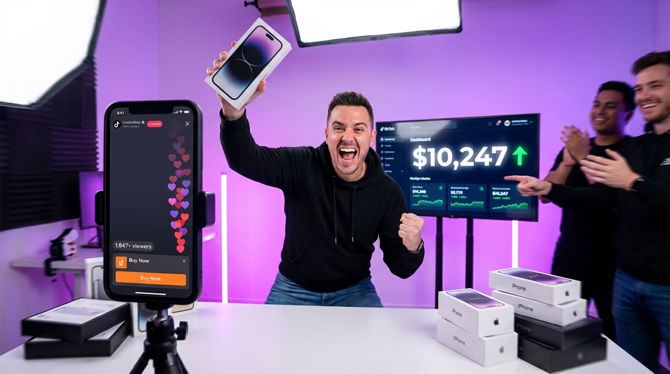TikTok Shop live stream host celebrating $10K revenue milestone with product pin and heart emoji reactions