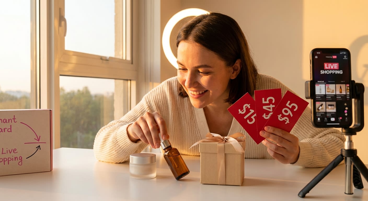 TikTok Shop seller arranging product ladder showcase with flash deals for live shopping stream