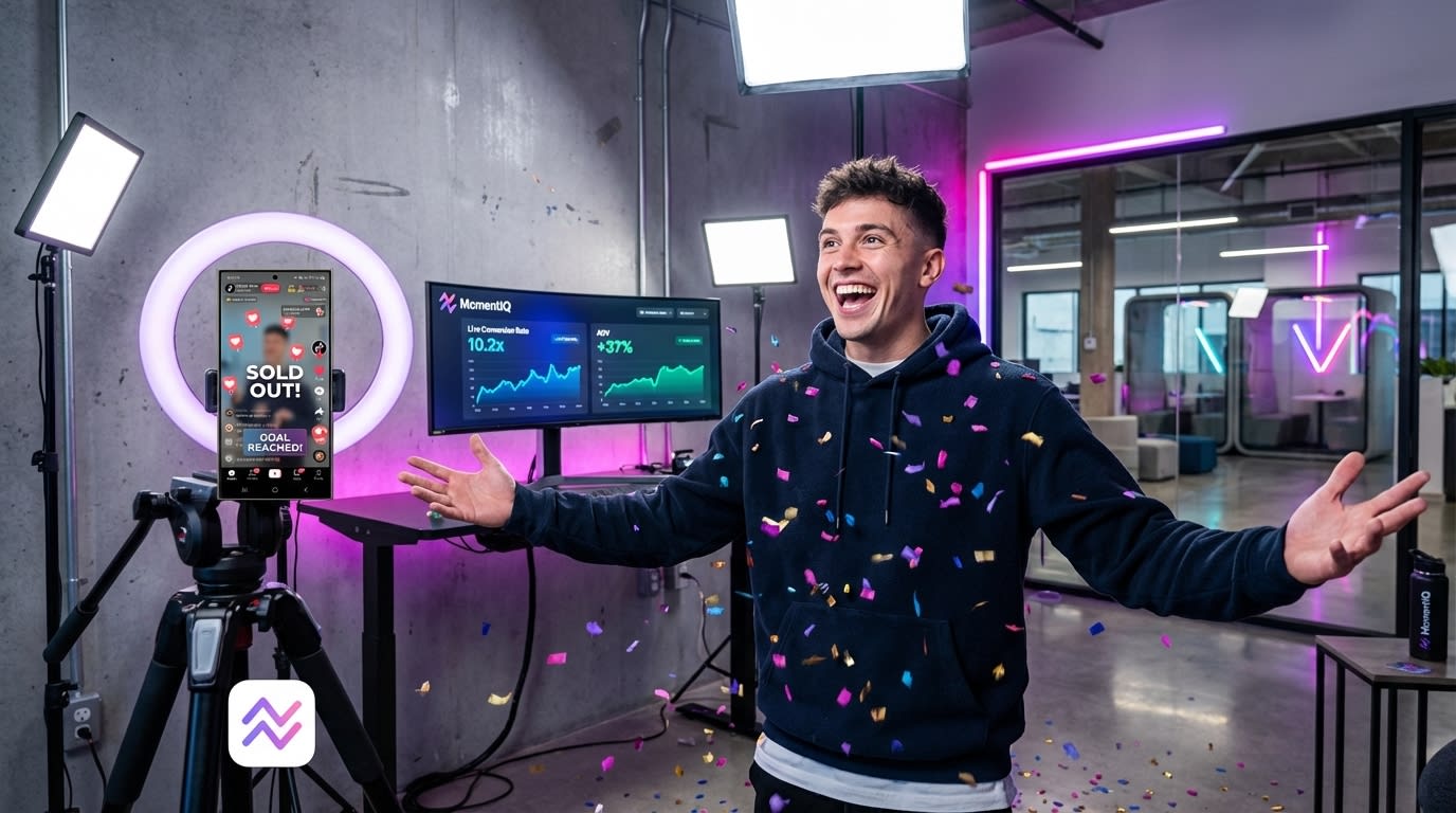 Triumphant TikTok Shop live stream host celebrating 'Goal Reached' and 'SOLD OUT' with confetti