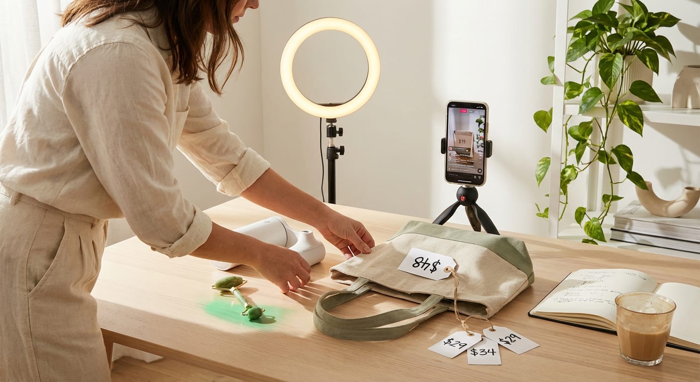 Curated TikTok Shop live stream products arranged on a table with ring light and filming setup in background