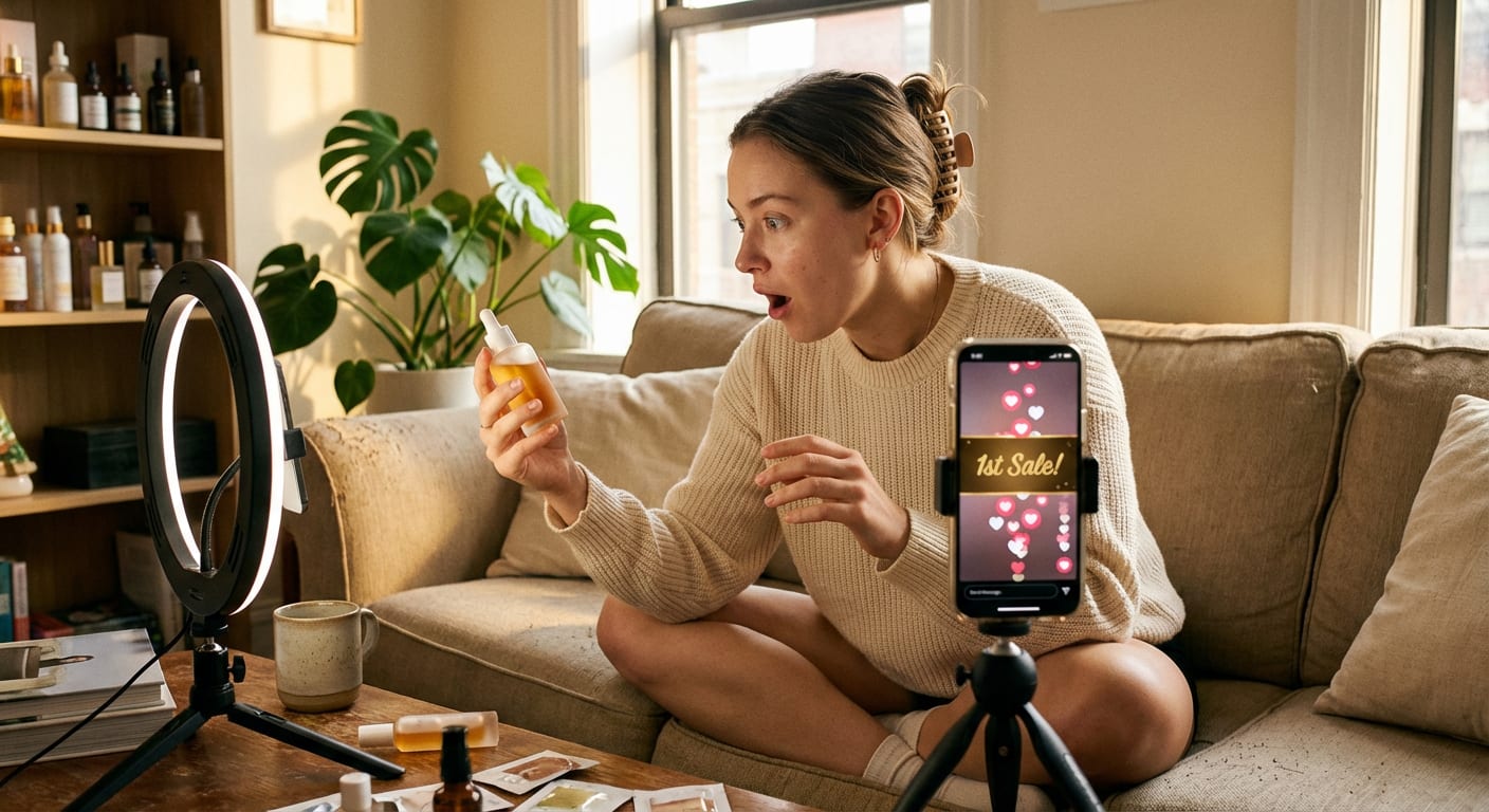 New TikTok Shop seller going live for the first time and receiving her first sale notification during a live stream