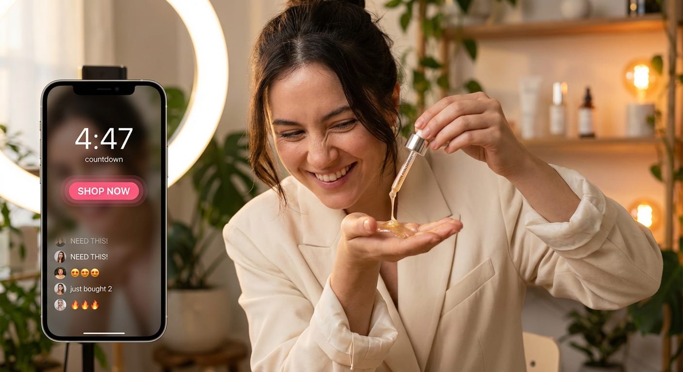 TikTok Shop live stream host demonstrating a product in the first five minutes with product pin and viewer comments visible