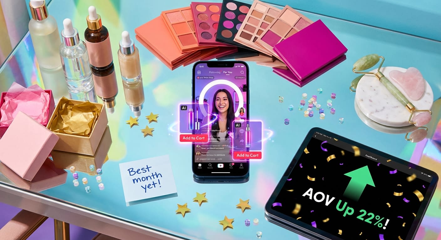 Flat lay of TikTok Shop live stream showing AI product recommendations alongside beautifully arranged product catalog items