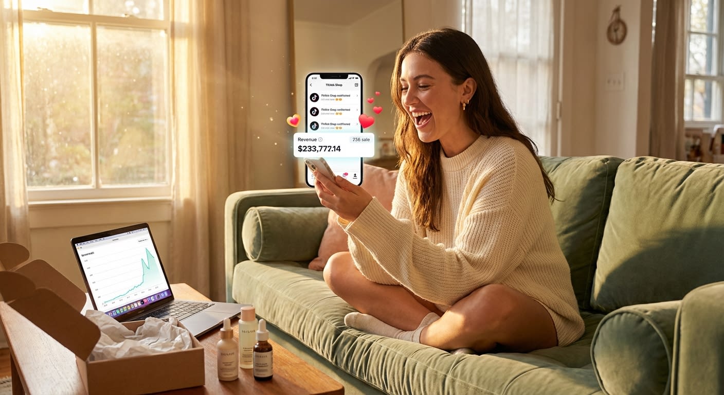 Joyful entrepreneur celebrating TikTok Shop live stream sales milestones on her phone with revenue dashboard showing record results