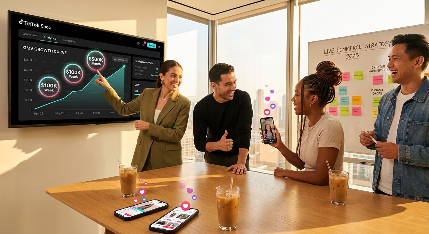 Marketing team confidently reviewing TikTok Shop live commerce growth analytics on a large dashboard screen in a bright strategy room