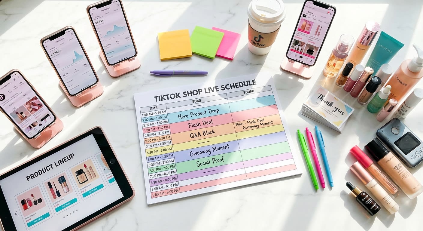 Flat lay of TikTok Shop live stream schedule planning workspace with analytics phone screen and organized product samples