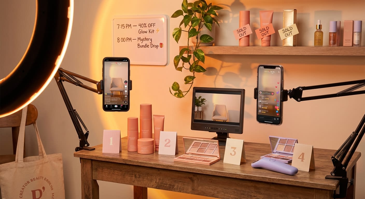 Professional TikTok Shop live stream creator studio setup with ring light, organized products, and dual phone streaming configuration