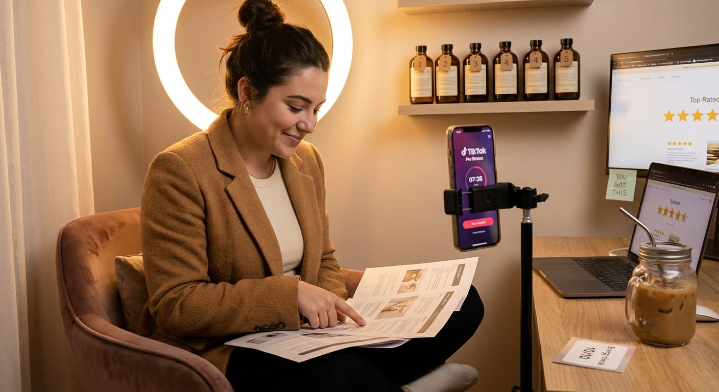 TikTok Shop creator confidently reviewing live stream segment schedule in her organized content creation studio before going live