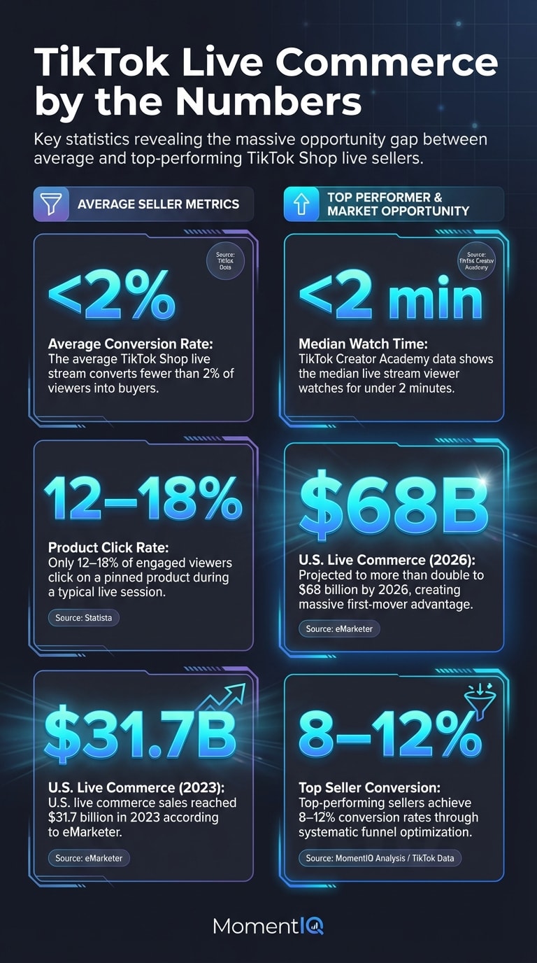TikTok Shop live commerce statistics infographic showing average vs top-performer conversion rates, US market size projections, median watch time, and product click rate benchmarks