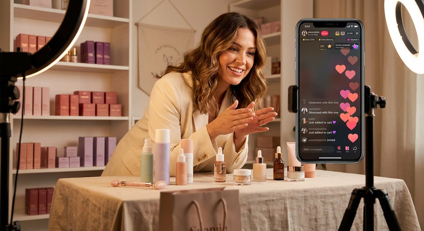 Confident TikTok Shop live stream host presenting products with heart emoji reactions flooding the screen
