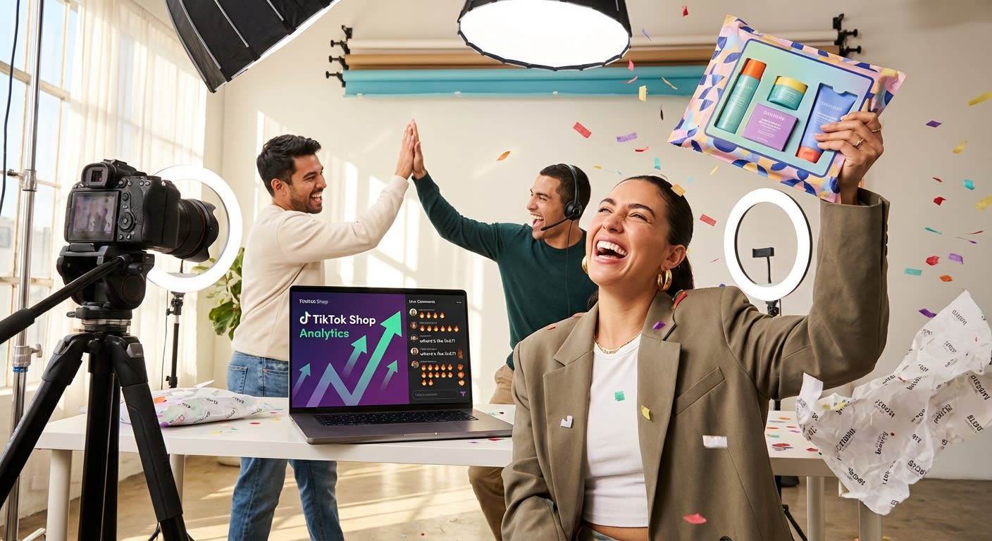 Creator excitedly unboxing TikTok Shop product seeding package while team celebrates engagement metrics in a content studio