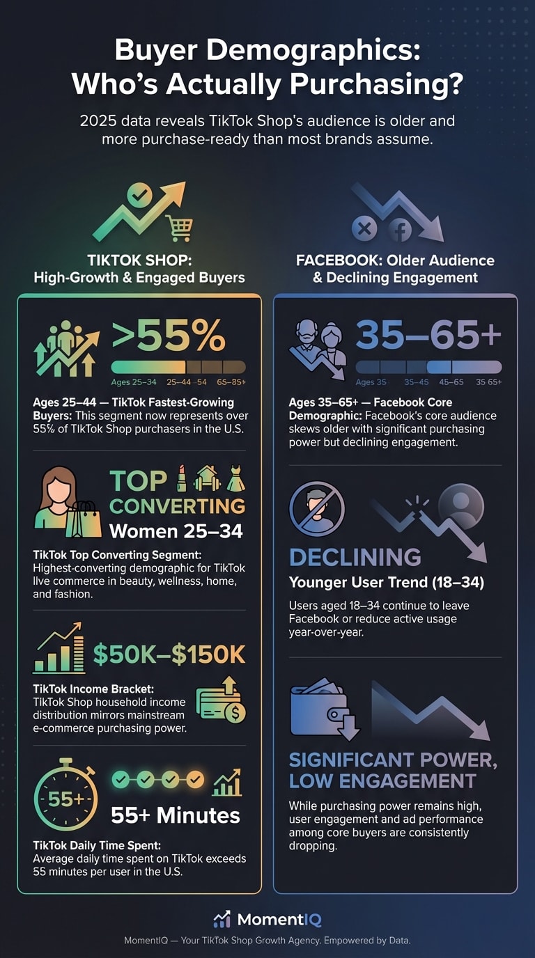 Comparison infographic of TikTok Shop and Facebook Live buyer demographics showing TikTok's 25-44 age dominance at 55% of purchasers versus Facebook's declining younger user base