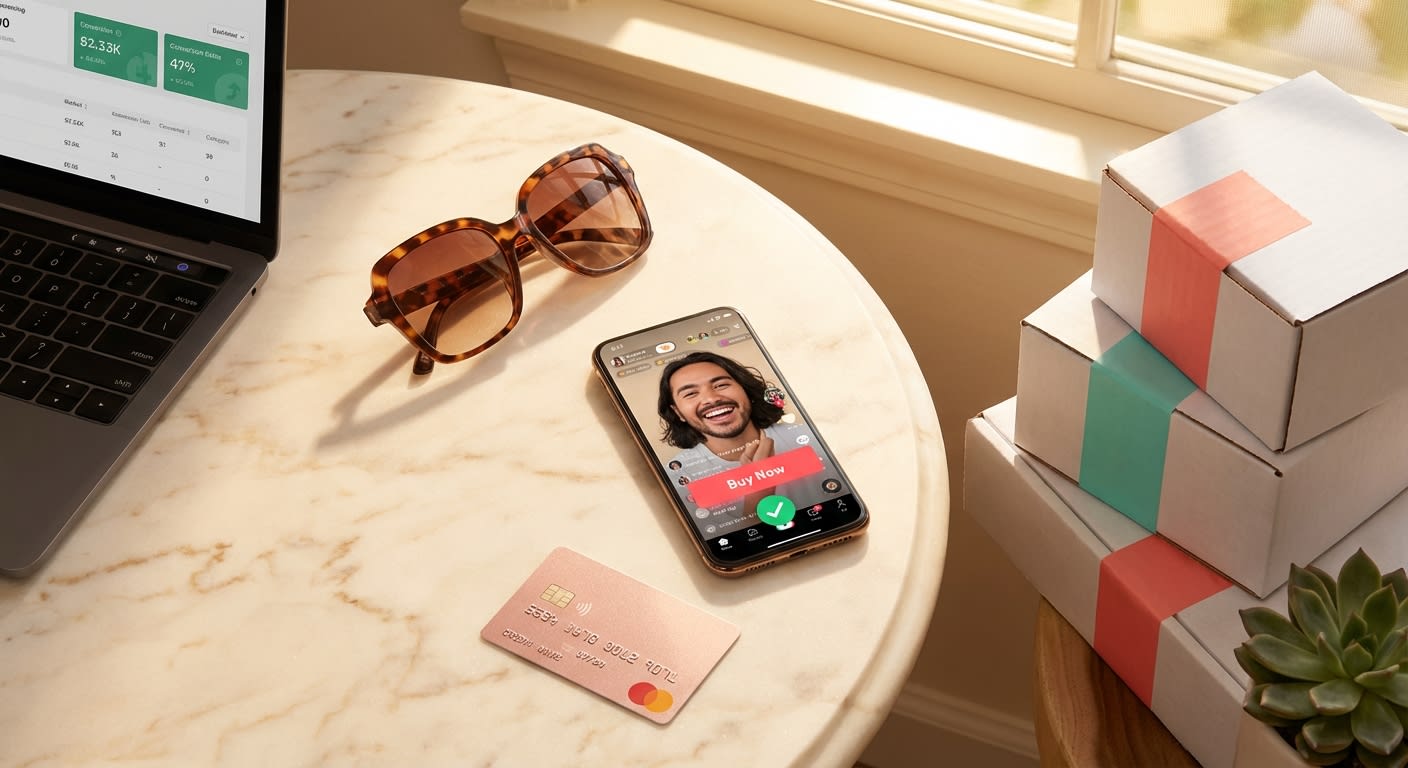 Flat lay of TikTok Shop live stream checkout on smartphone surrounded by branded products and shipping boxes