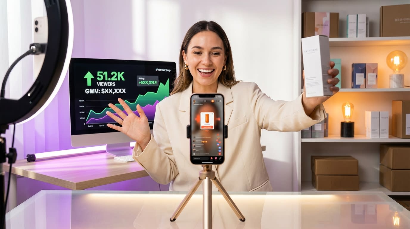 TikTok Shop creator confidently presenting product during live stream with rising viewer count and heart emoji reactions