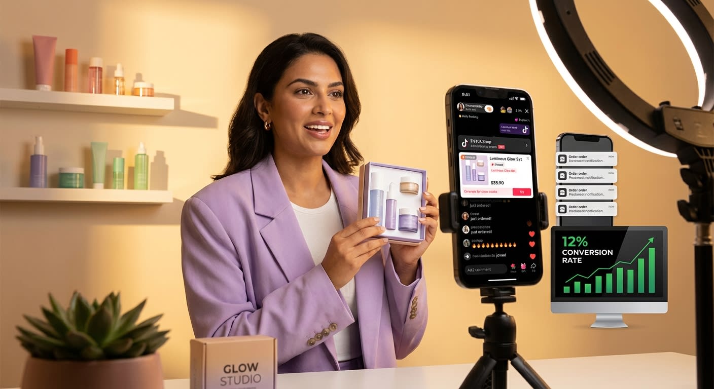 TikTok Shop creator in professional studio setup with order notifications and high conversion rate during live selling stream