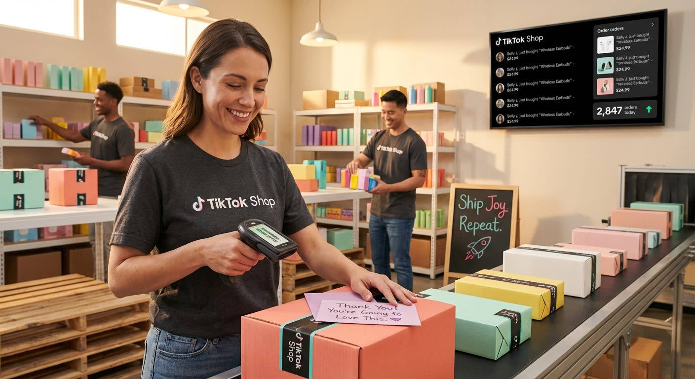Organized warehouse fulfillment center shipping TikTok Shop orders with branded packaging and real-time order dashboard