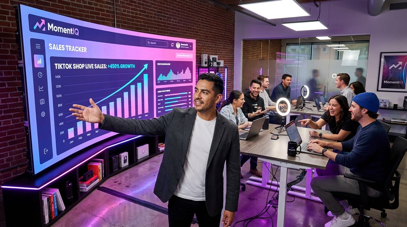 Brand owner confidently overseeing a modern office with real-time TikTok Shop sales tracker.