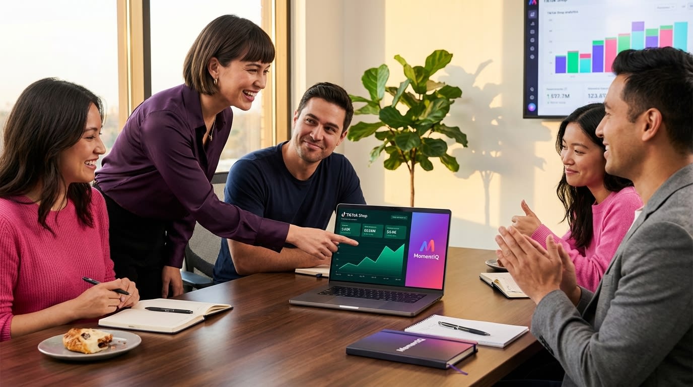 Brand strategists reviewing successful TikTok Shop engagement and conversion rates on a laptop.