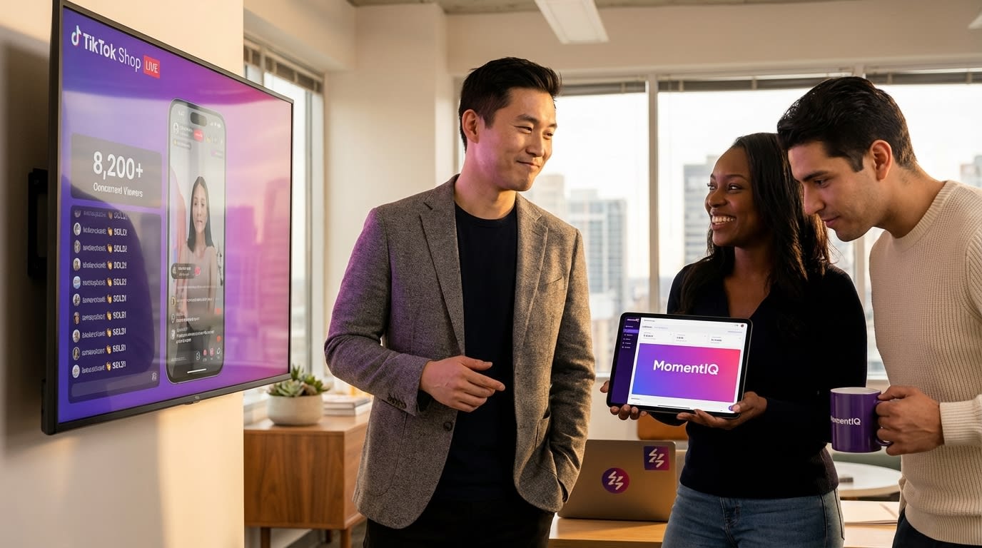 DTC founder confidently showcasing a highly successful TikTok Shop live stream to his team.