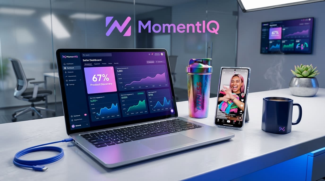 Flat lay of desk with TikTok Shop seller dashboard highlighting product discovery and customer unboxing video.