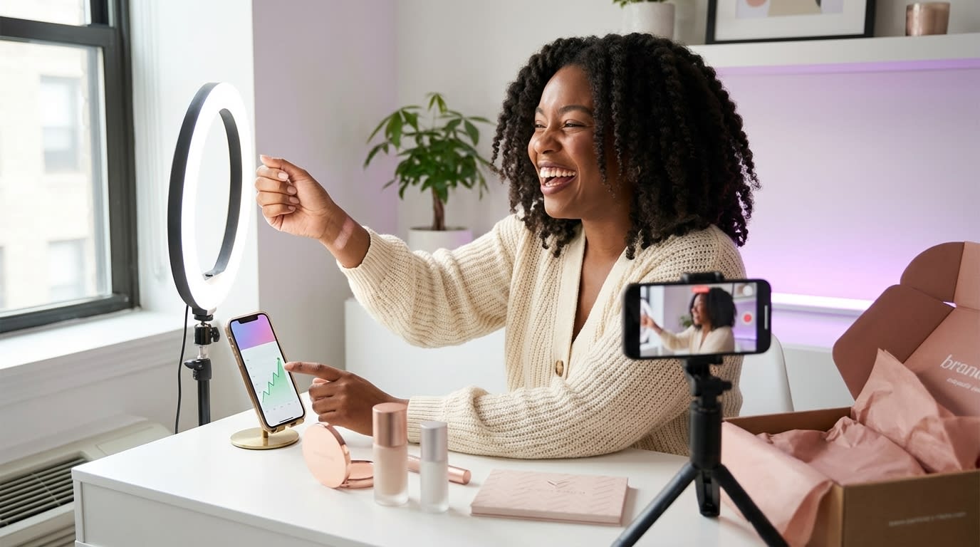 Beauty creator filming TikTok Shop product review with affiliate dashboard showing earnings