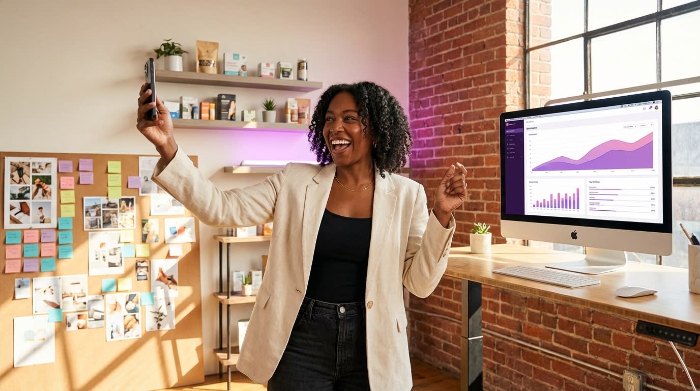 Brand founder reviewing trending TikTok Shop product with lookalike audience performance on screen