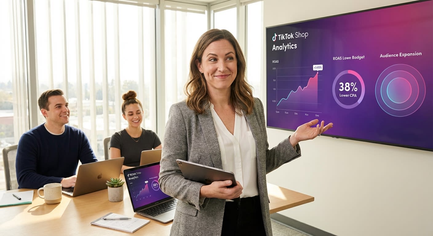 Brand strategy team reviewing TikTok Shop lookalike audience performance dashboard showing lower CPA results