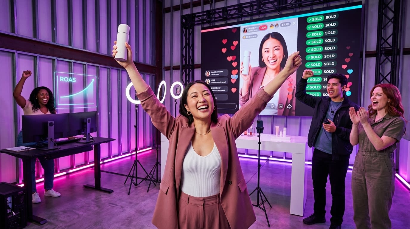 Energetic TikTok Shop live selling event with host presenting products and audience engagement surging