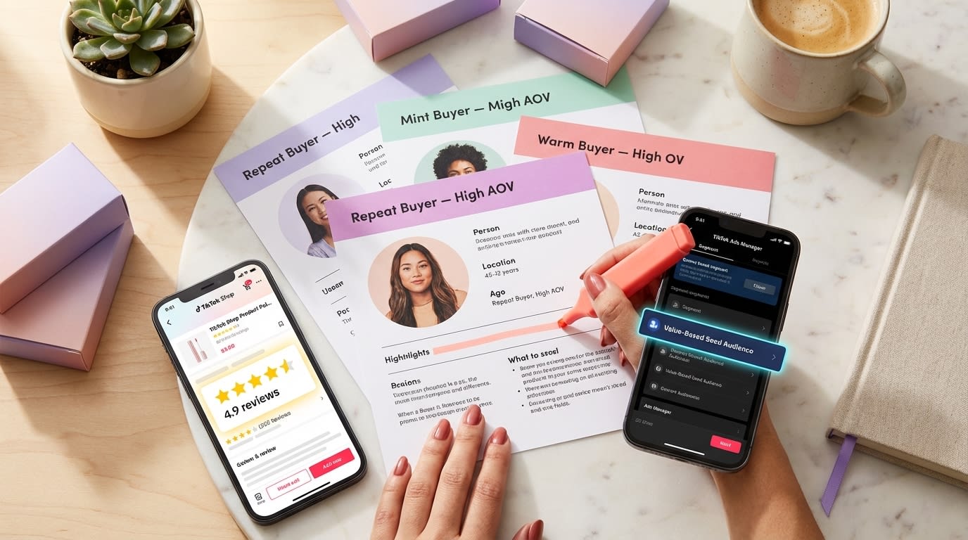Flat lay of TikTok Shop seed audience strategy with phones showing product reviews and ads manager