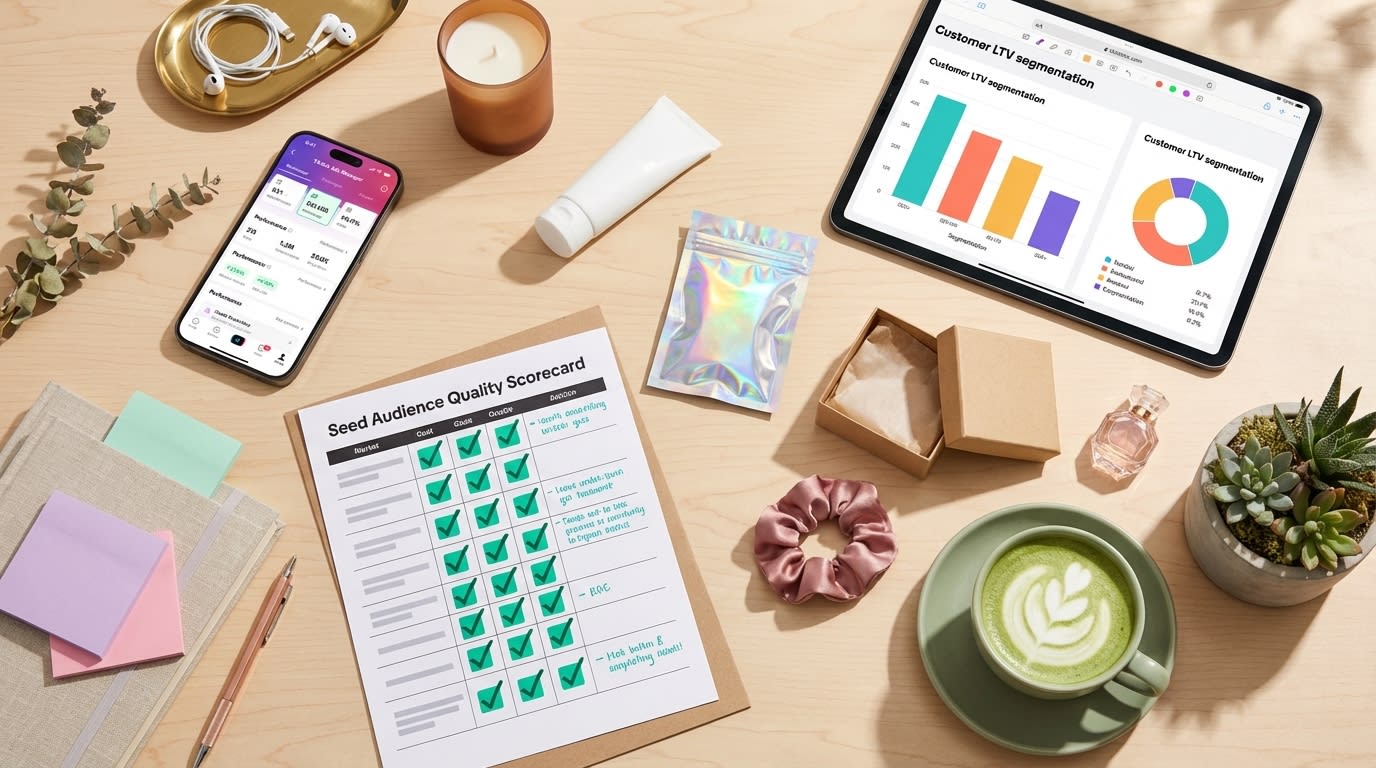 Flat lay of TikTok Shop lookalike audience quality scorecard with low CPA results on ads manager