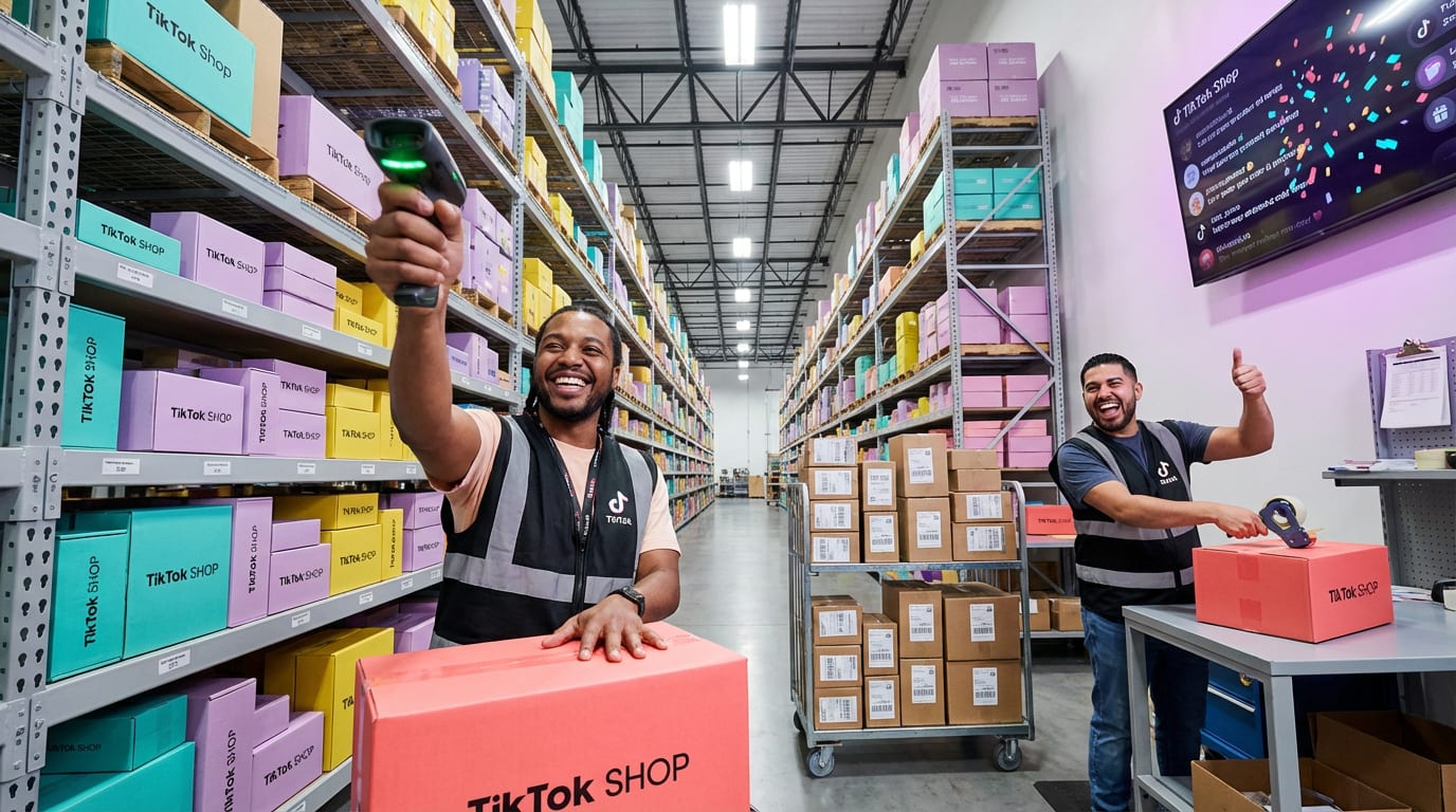 Organized TikTok Shop fulfillment warehouse with team packing branded orders and seller dashboard showing high order volume