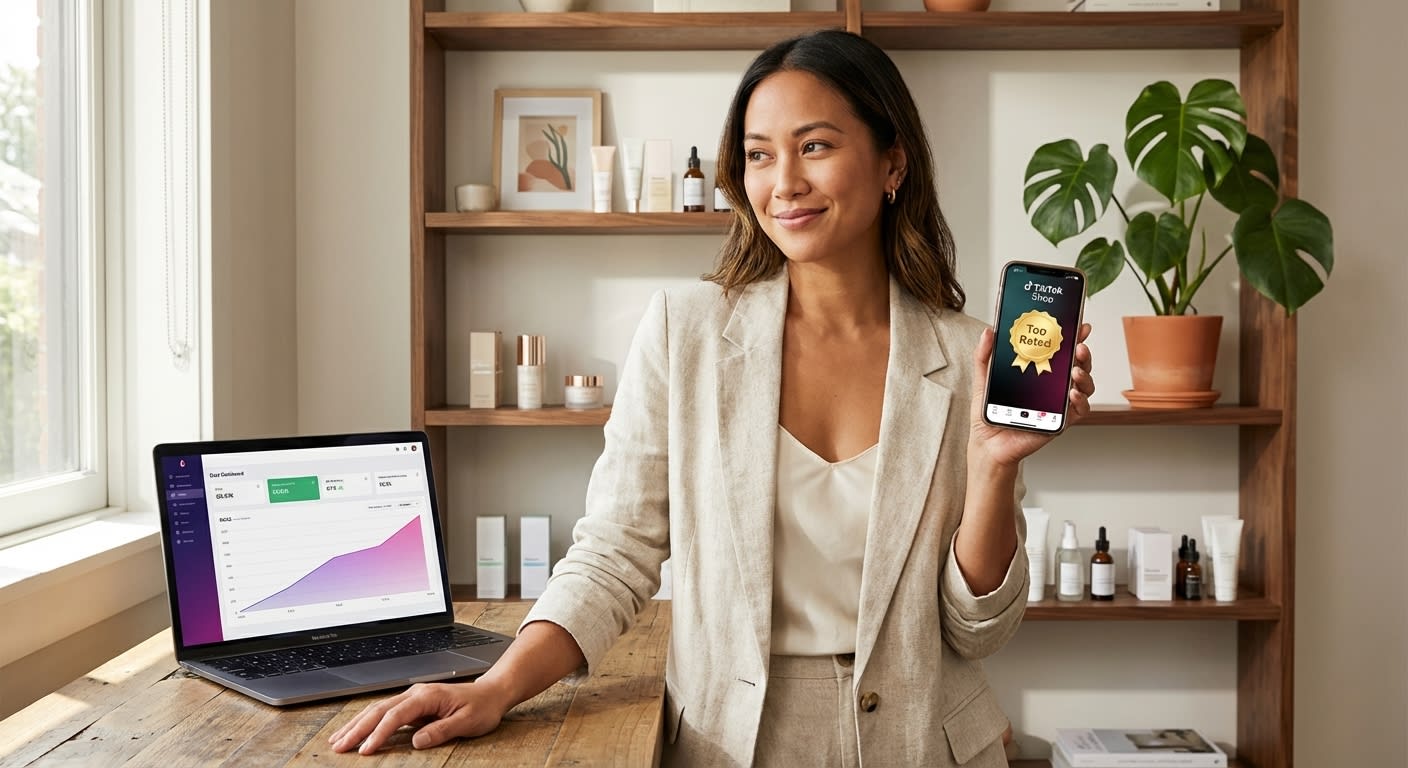 Successful TikTok Shop entrepreneur in showroom office with top-rated shop badge and ROAS growth chart