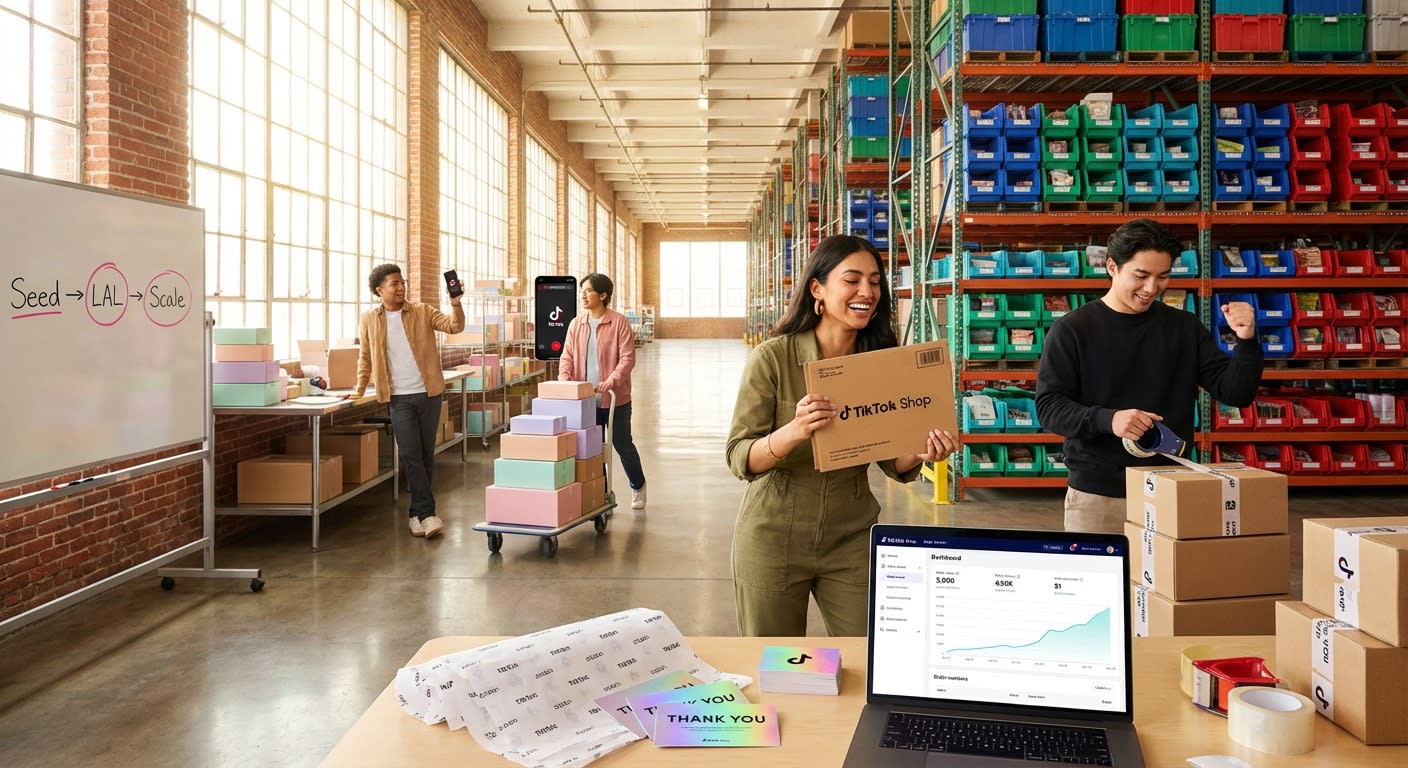 Organized TikTok Shop fulfillment warehouse with team packing branded orders and seller dashboard showing high order volume