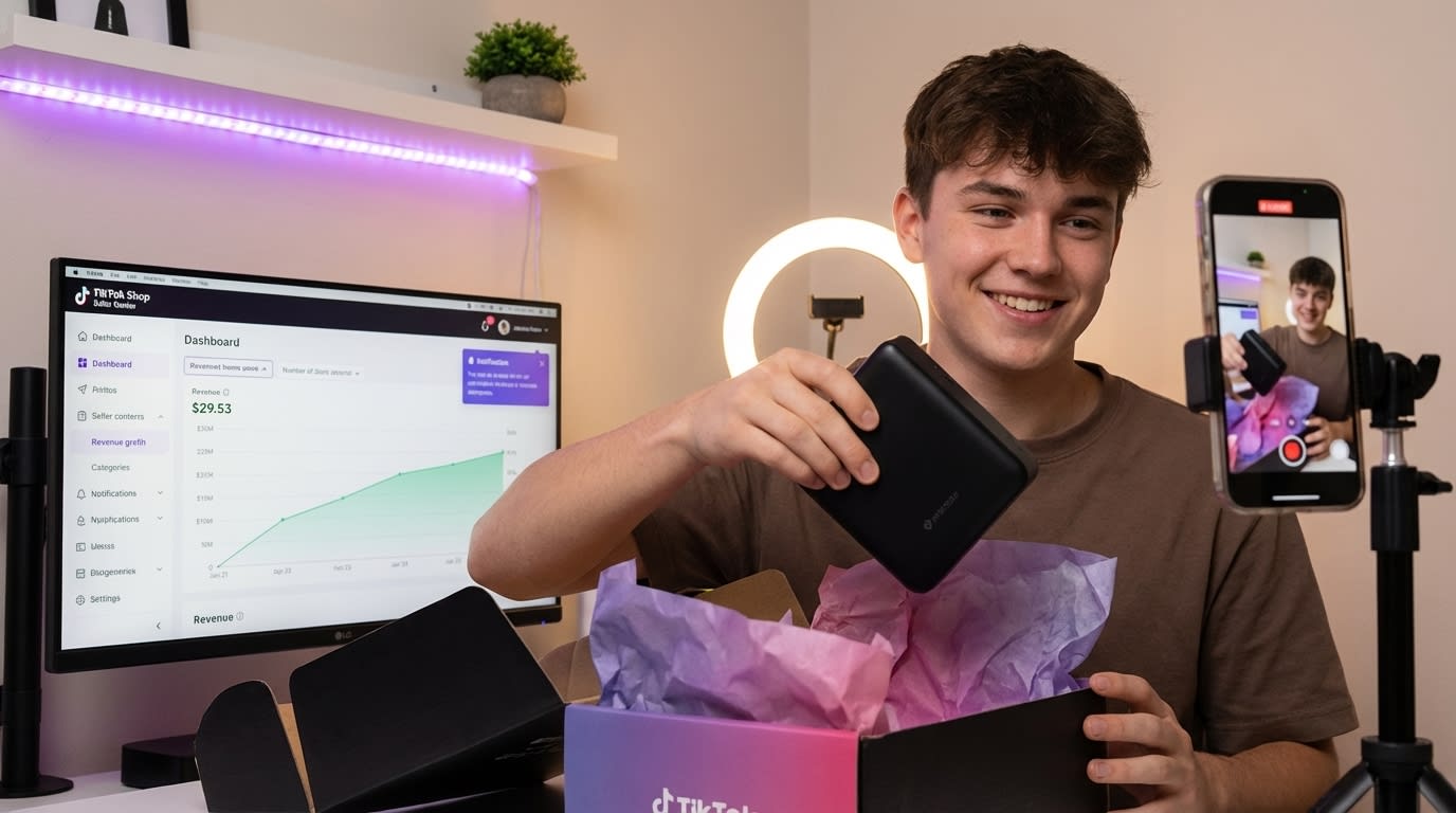 TikTok Shop creator filming exciting product unboxing with seller dashboard showing revenue growth