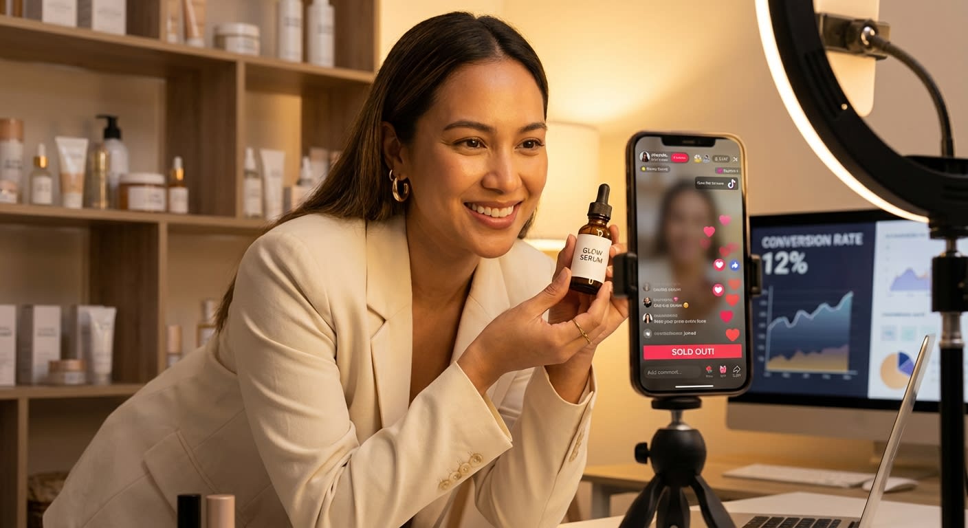 TikTok Shop live shopping stream with creator presenting product, heart emoji reactions flooding screen, and sold-out overlay