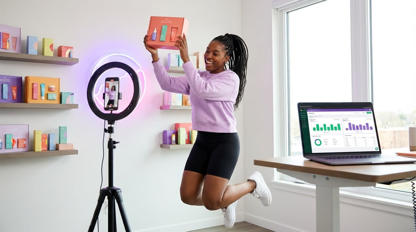TikTok Shop creator jumping with excitement while filming product video with affiliate earnings displayed