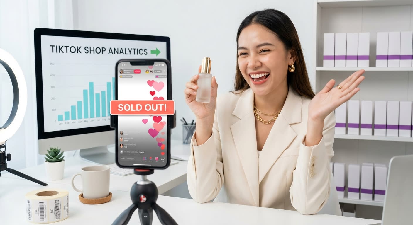 TikTok Shop live shopping stream with creator presenting product, heart emoji reactions flooding screen, and sold-out overlay