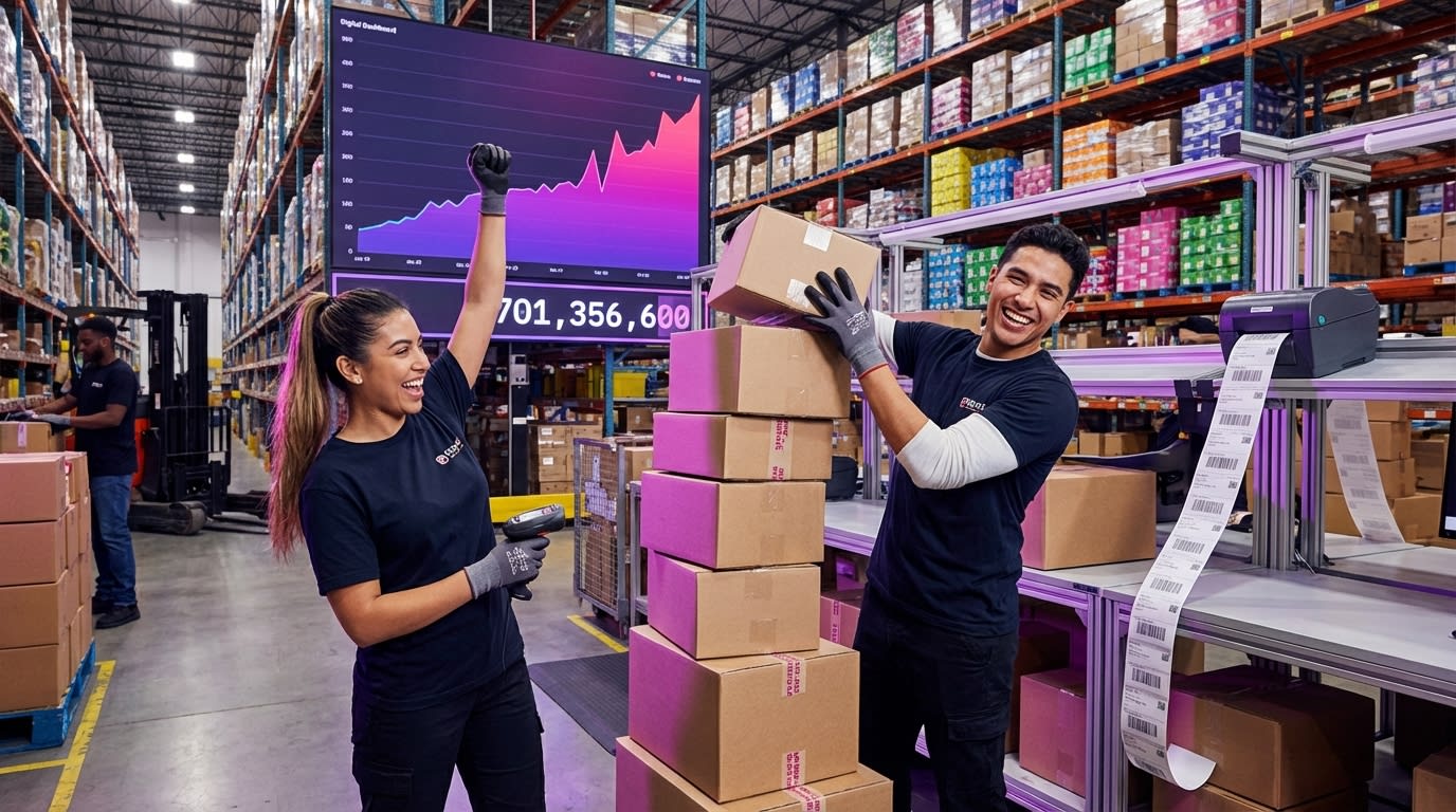 TikTok Shop fulfillment warehouse team packing orders with dashboard showing lookalike campaign driving high volume