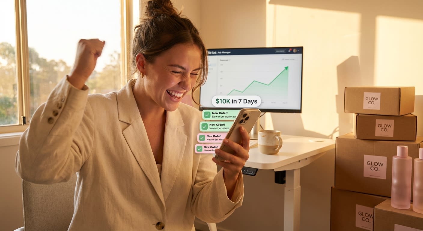 TikTok Shop seller celebrating revenue milestone with sale notifications on phone and upward-trending ad campaign results