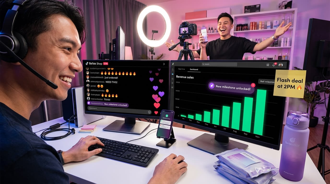 Behind-the-scenes TikTok Shop live stream operator managing chat and sales dashboard while host presents on camera