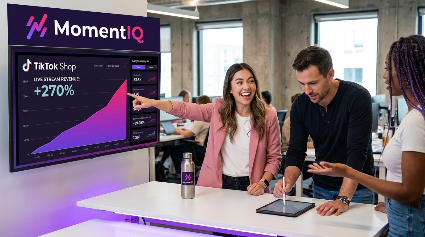 Aspirational wide shot of a team collaborating on TikTok Shop sales metrics in a modern office