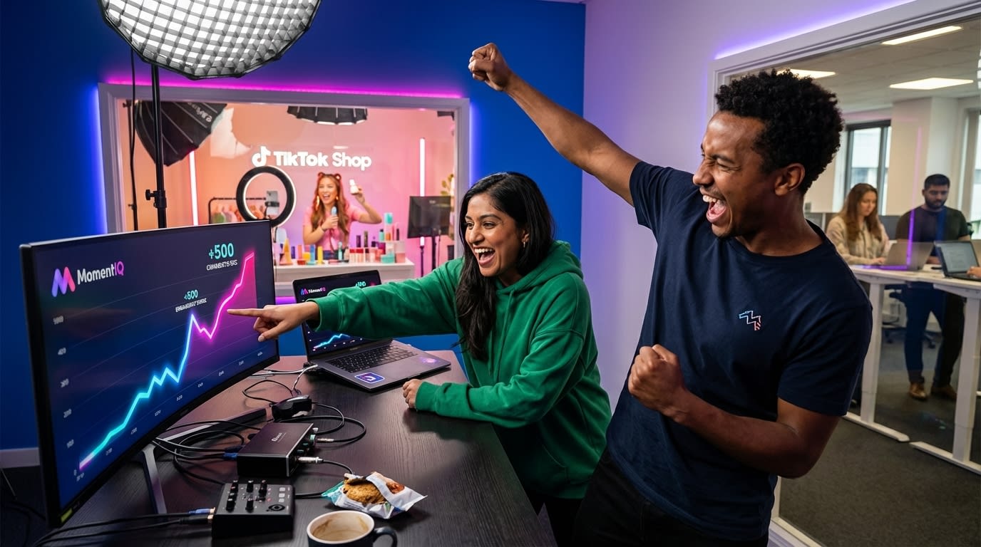Behind-the-scenes TikTok Shop live stream operator managing chat and sales dashboard while host presents on camera