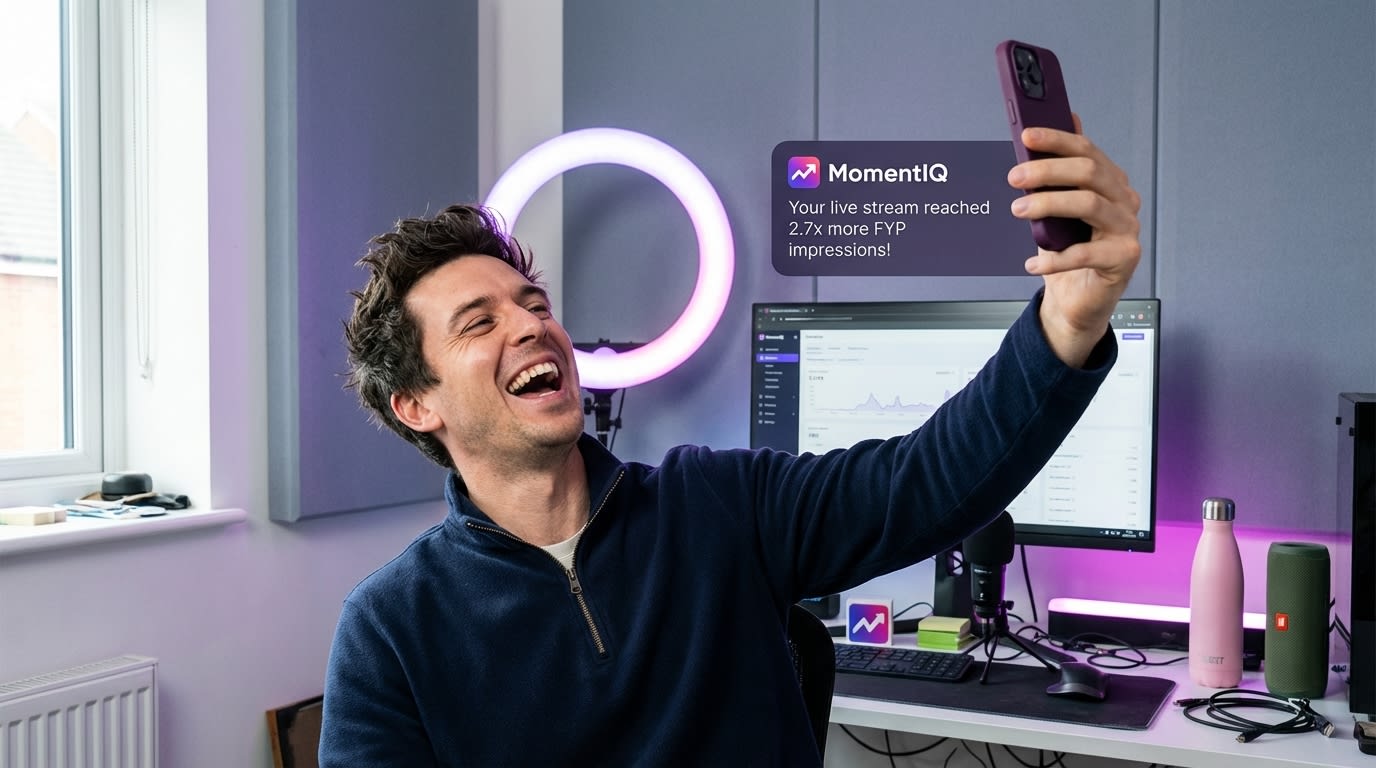 Creator excitedly reacting to TikTok Shop notification of increased For You Page impressions