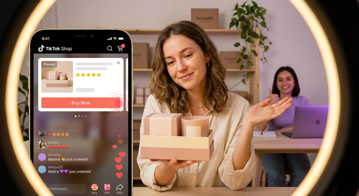 Energetic TikTok Shop live host presenting product to camera with growing viewer count visible on laptop behind her