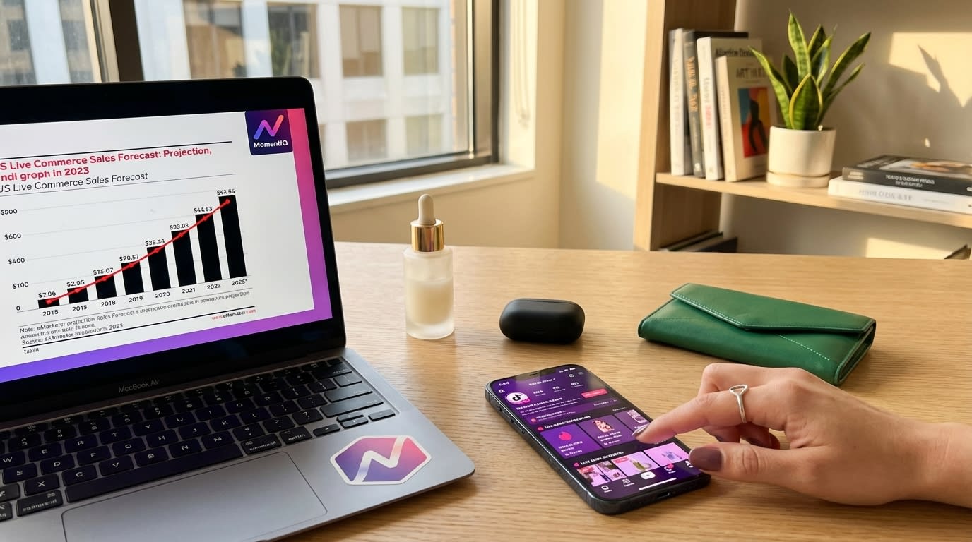 Flat lay of a desk showing eMarketer live commerce projection and a phone with TikTok Shop interface