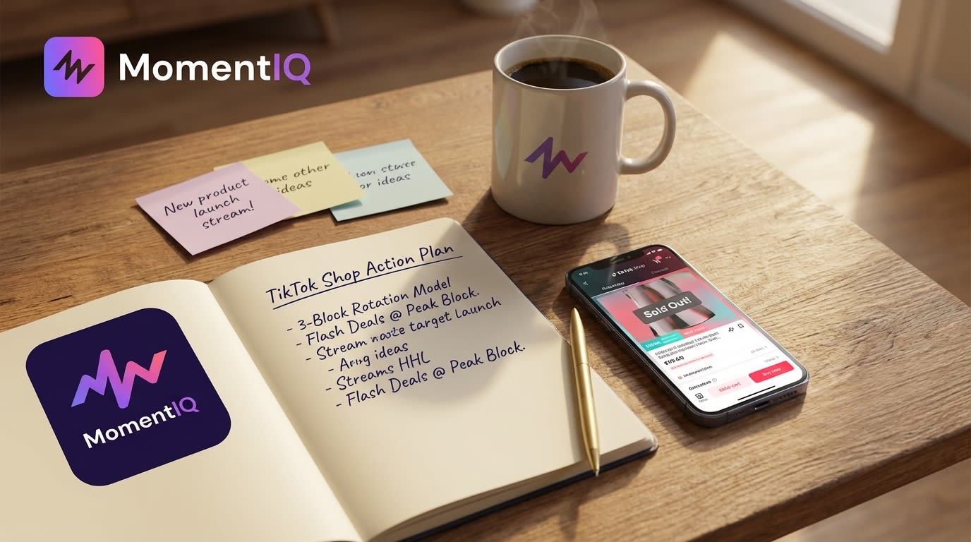 Flat lay of a 'TikTok Shop Action Plan' notebook on a desk with a phone showing product listings